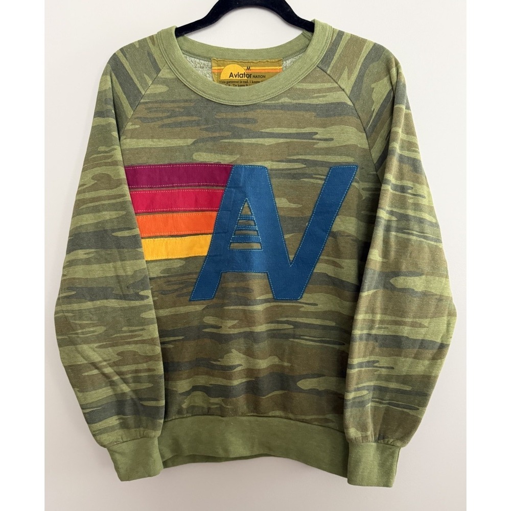 Aviator Nation Logo Stitch Crew Sweatshirt Camo Size Medium‎